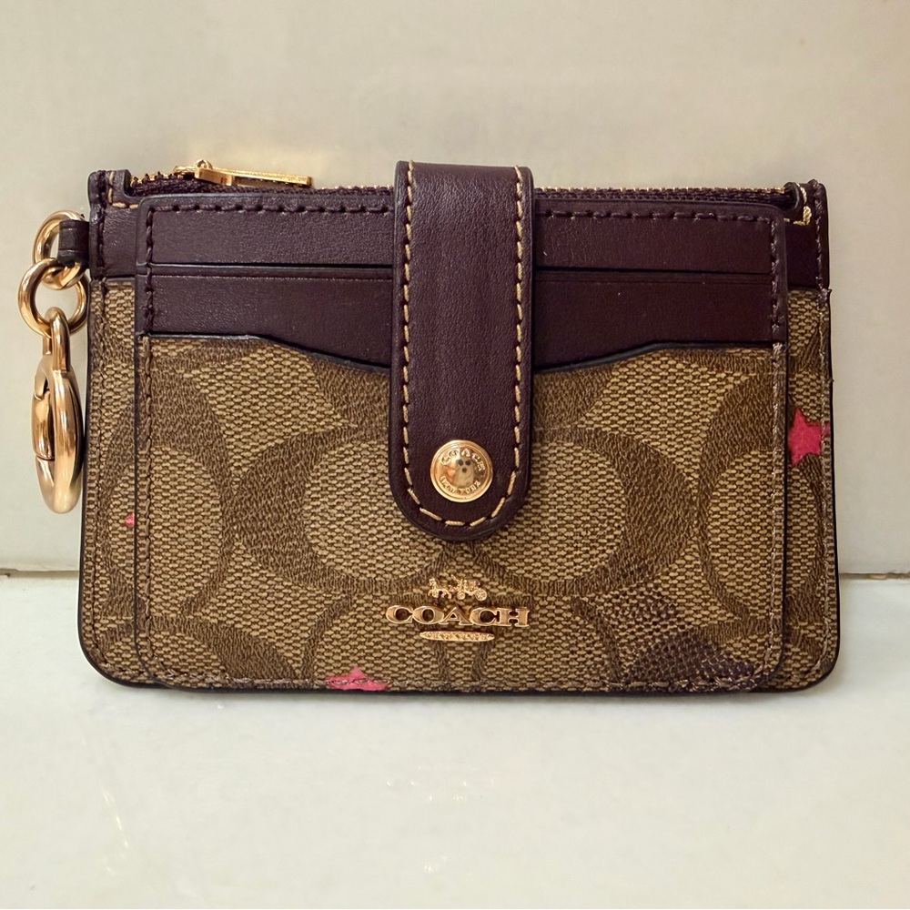 Coach Signature Canvas Card Holder with Pink Stars and Gold Accents